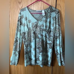 Light teal and tan patterned long sleeve blouse